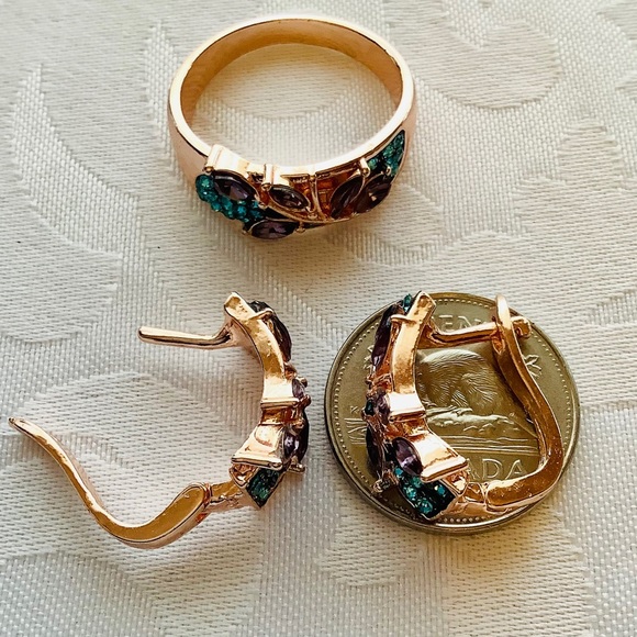 Rose Gold Ring 10 & Earrings, Amethyst leaves & Teal Zircon - Picture 5 of 12